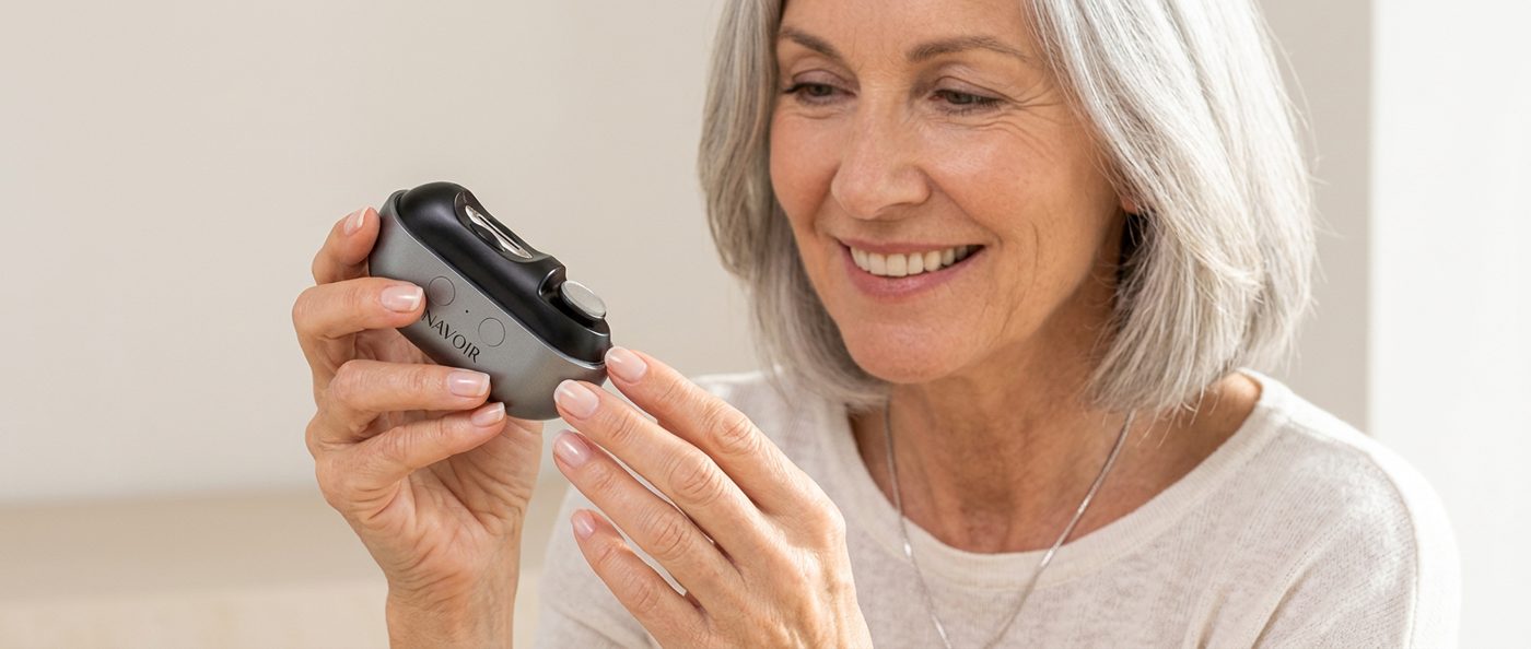 Woman smiling while using the NuvoNail electric nail clipper